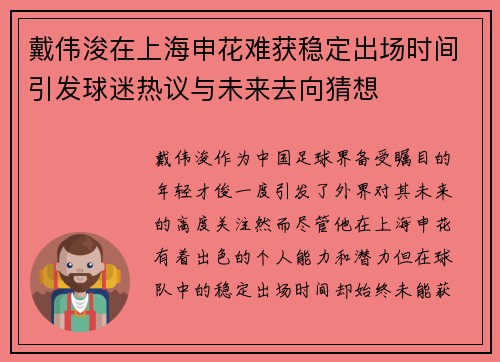 戴伟浚在上海申花难获稳定出场时间引发球迷热议与未来去向猜想