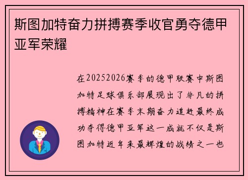 斯图加特奋力拼搏赛季收官勇夺德甲亚军荣耀